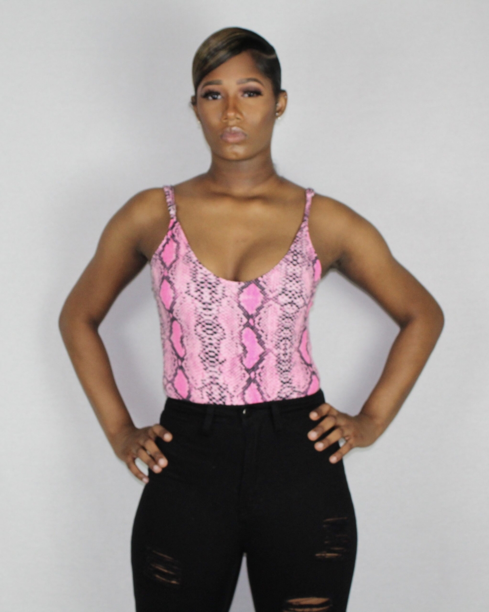 Snake Print Bodysuit-Pink